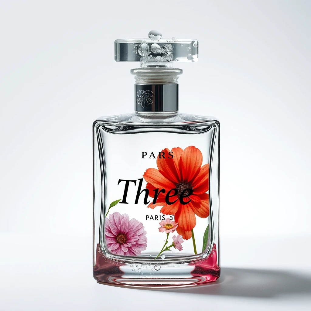 "Realistic photography, limited edition glass cosmetic bottle from Paris, the glass bottle features the number 'Three' and representative floral images, set against a white background. The top of the bottle has dewdrops, showcasing an epic visual effect and exquisite printing technology, intricate details, and rich textures."