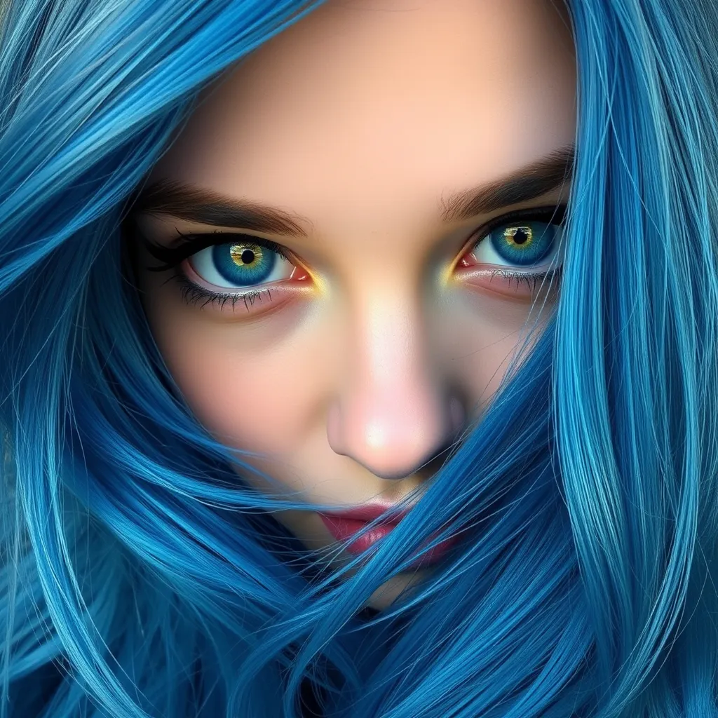 seductive eyes, educative look, tenderness, realistic, look hair, blue hair,