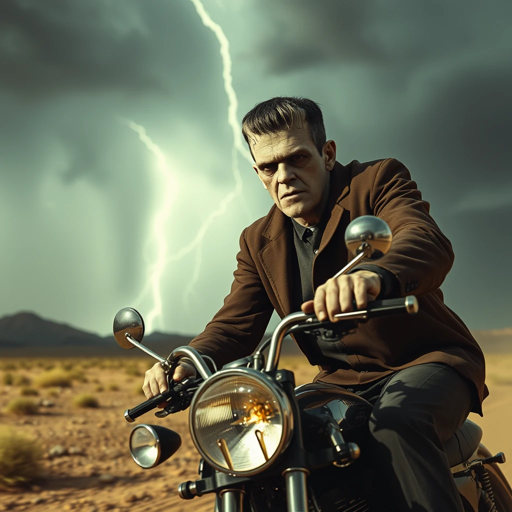 Boris Karloff as Frankenstein with short hair, riding his chopper, a storm is coming across the desert, photo-realistic, aggressive, 4k. - Image