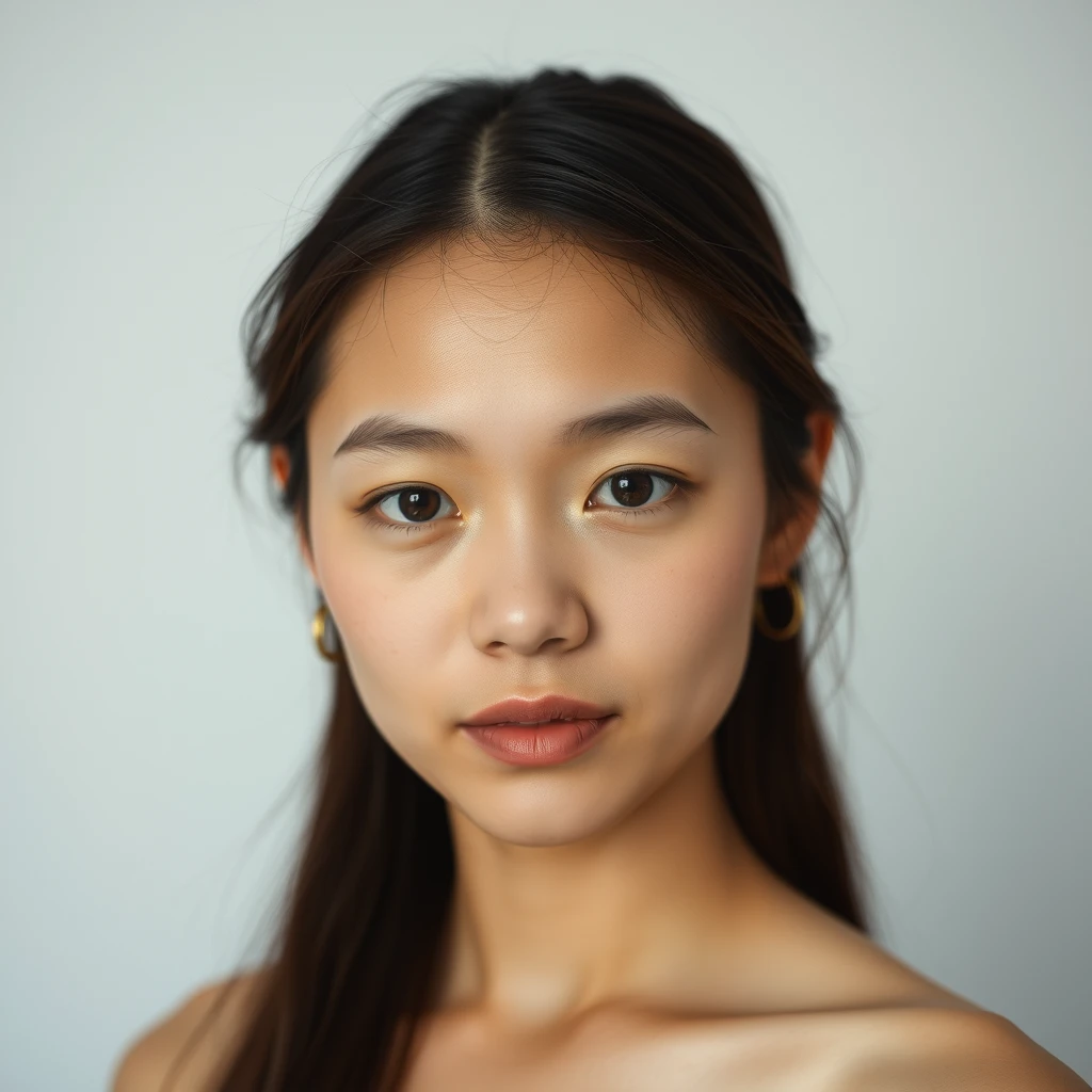 Asian face, female, nude, fair skin, long hair.