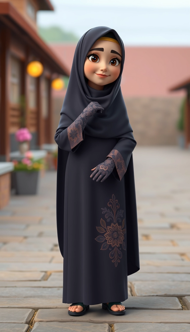 A 3D, 8k animated cartoon depiction of a Muslim woman from Palembang, wearing a traditional long songket and a long gown (gamis). She is adorned with a hijab that covers her chest and wears batik gloves covering her hands.