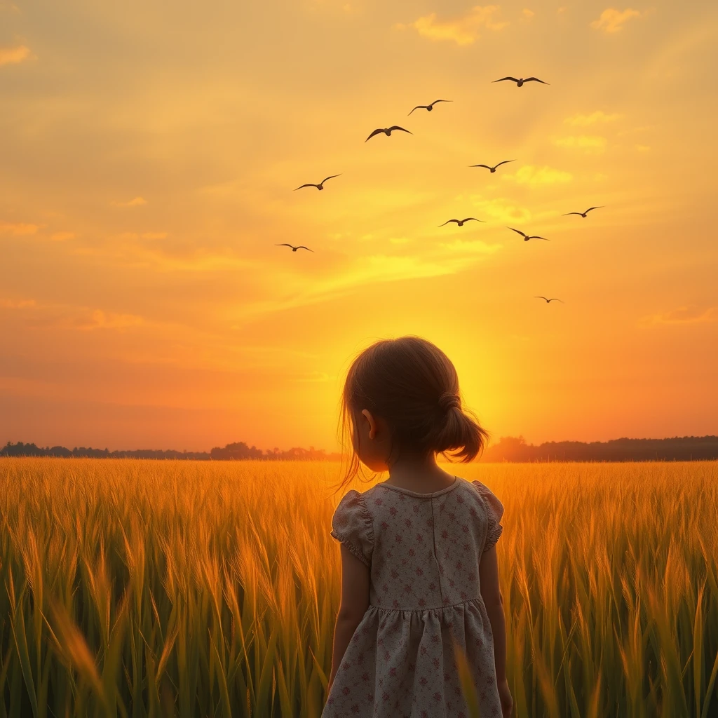 An unimaginable scene where a girl is standing in the field watching the sunset with her head resting on her daddy's shoulder; the sky is yellow and pinkish, and the birds are flying. - Image