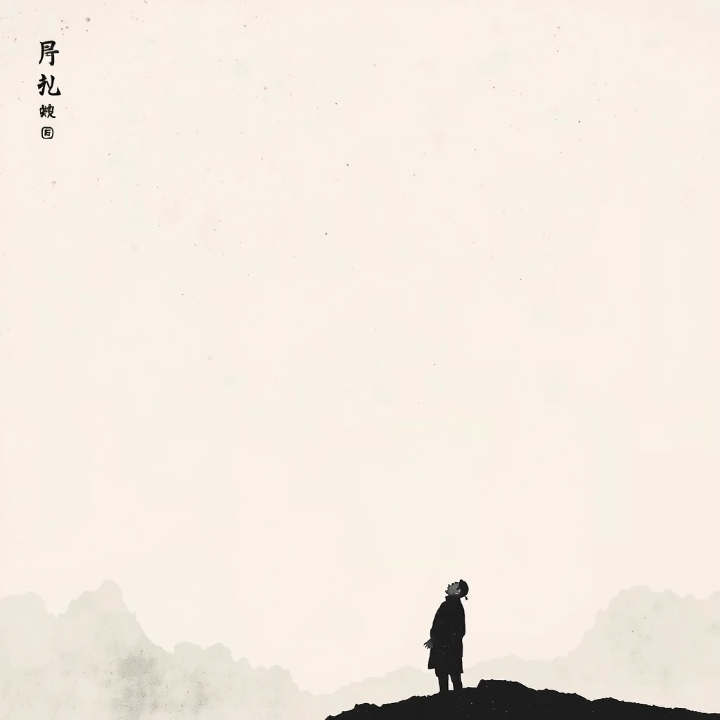 Ink-brushed sky, silhouette of a person looking up, ancient stars, misty layers of time, Chinese ancient style, minimalistic, moonlight tint. - Image