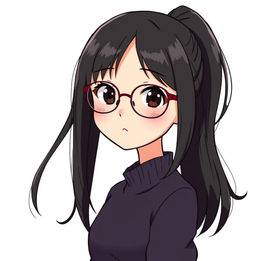 Animation style, Asian girl, black hair, round face, thick-frame glasses, ponytail.