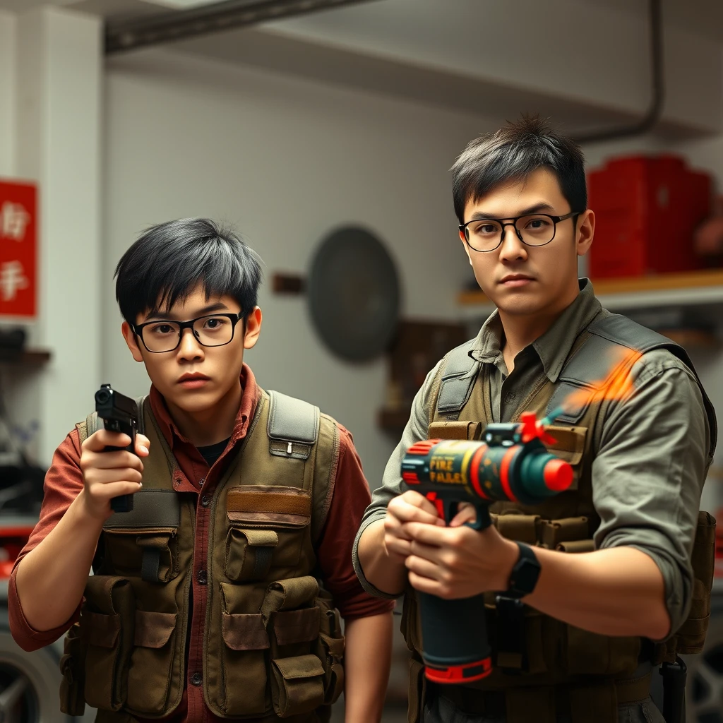 21-year-old white thin long-faced young northern Chinese man with a square chin, wearing square glasses, holding a pistol, "medium/long length hair"; 21-year-old white Italian/Caucasian man wearing round glasses and short hair holding a very large fire extinguisher flamethrower; garage setting; both angry and wearing military vests.