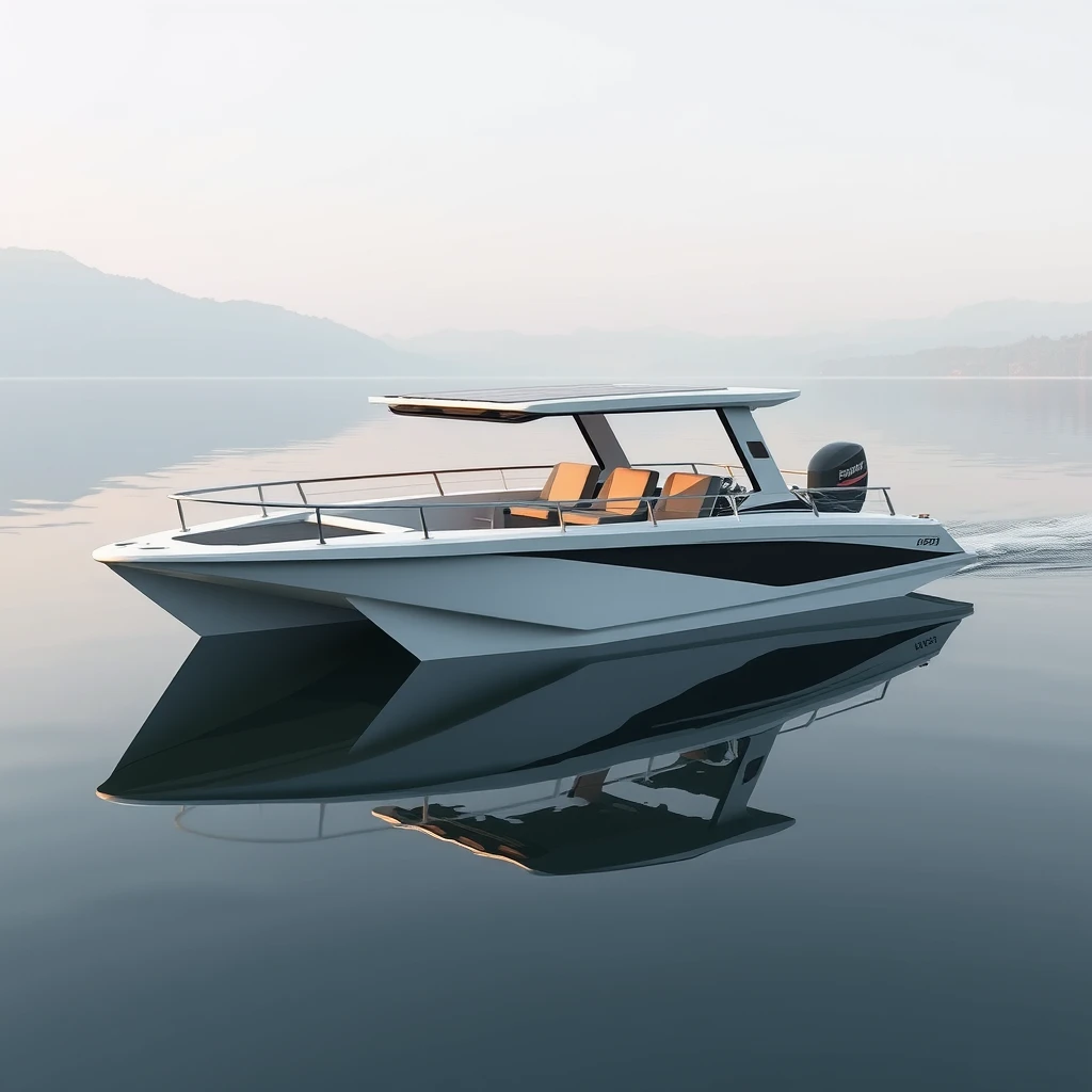 Smart minimalist design of an open hydrodynamic, 5 meter short Catamaran boat with 6 seats, with adequate safety rails, in a calm lake in Kashmir, the platform powered by batteries and thruster pods, with joystick controls on the dashboard, carrying a foldable hard roof with the solar panels over it. - Image