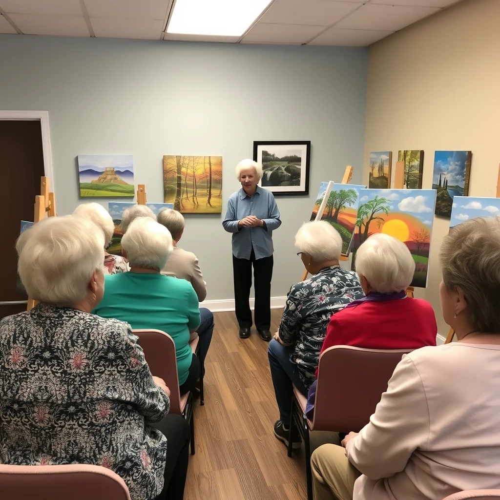 Picture of canvas painting class with a room of senior citizens and an art instructor.