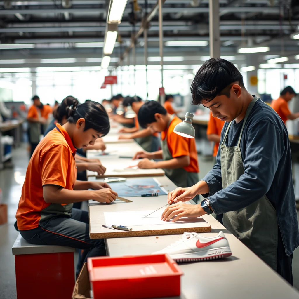 Cutting process in modern Nike factory shoes, the employees are all from Indonesia, wide scene. - Image