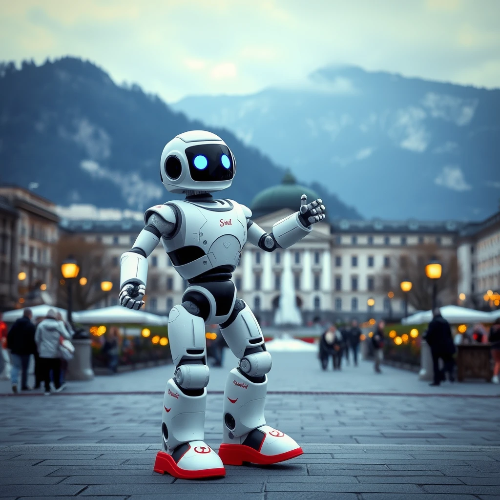 A friendly dancing robot in front of Salzburg.