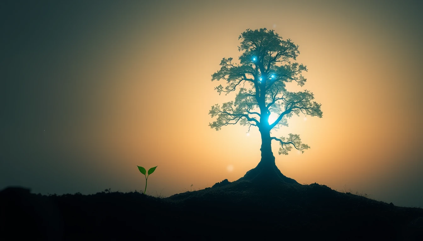 A seed slowly sprouts and grows into a towering tree, emitting a faint blue light in scattered dots. - Image