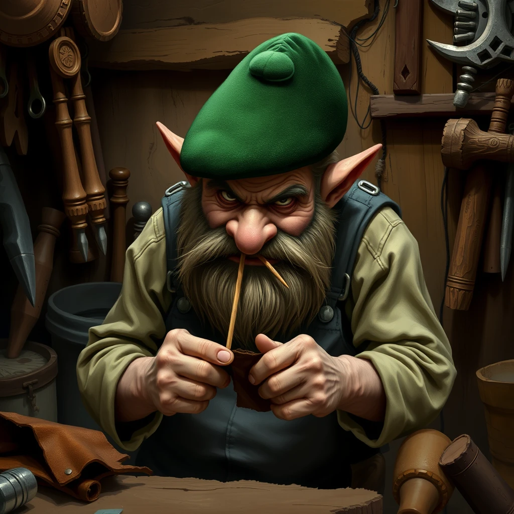 An old angry dwarf wearing leather overalls and a green round fez is sewing two dark brown pieces of leather together in a dingy shop filled with tools while chewing on a toothpick. - Image