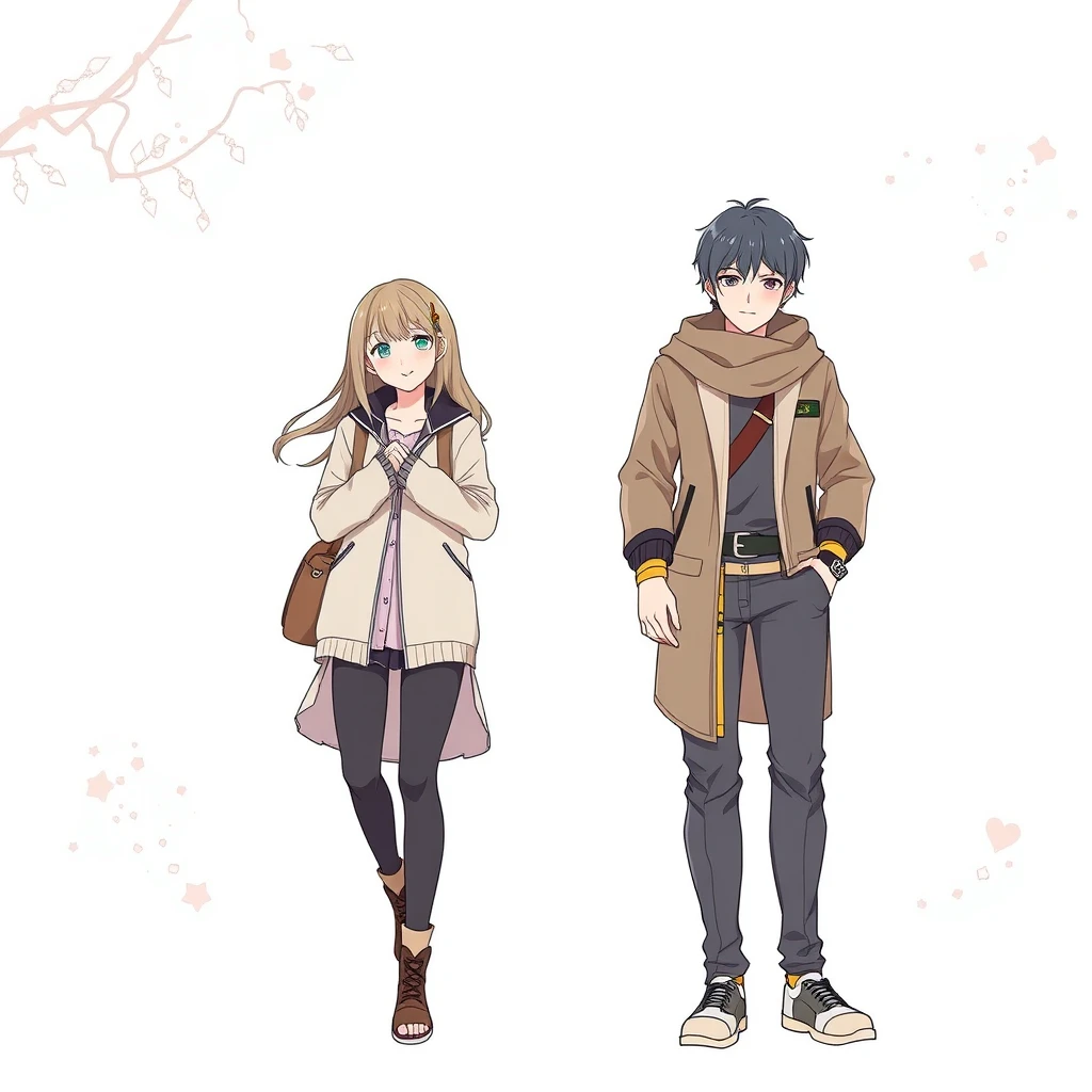 Young couple's daily life, handsome tall boy. Anime line art, fantasy clothing, full-length view. - Image