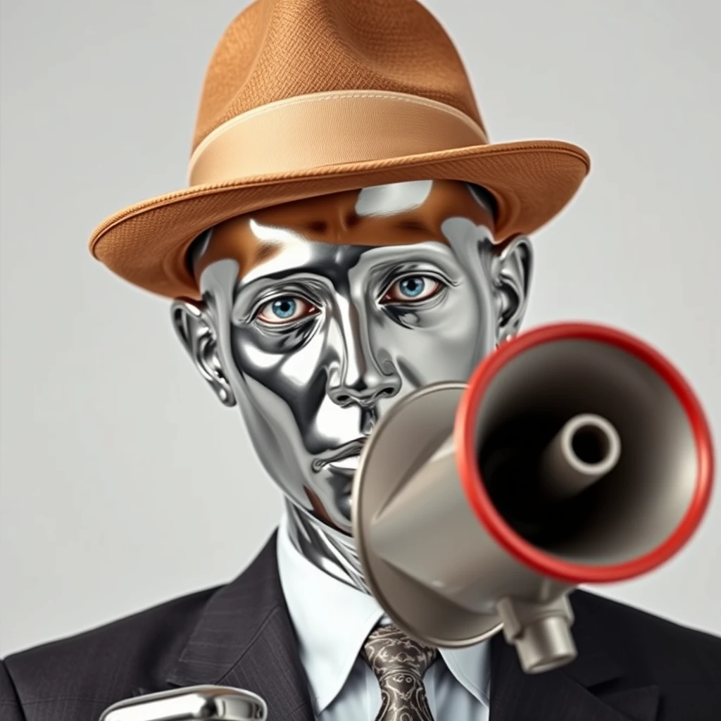 A chrome-skinned man with no nose, mouth, ears, or pupils. With chrome eyes, wearing a fedora and holding a fake megaphone.