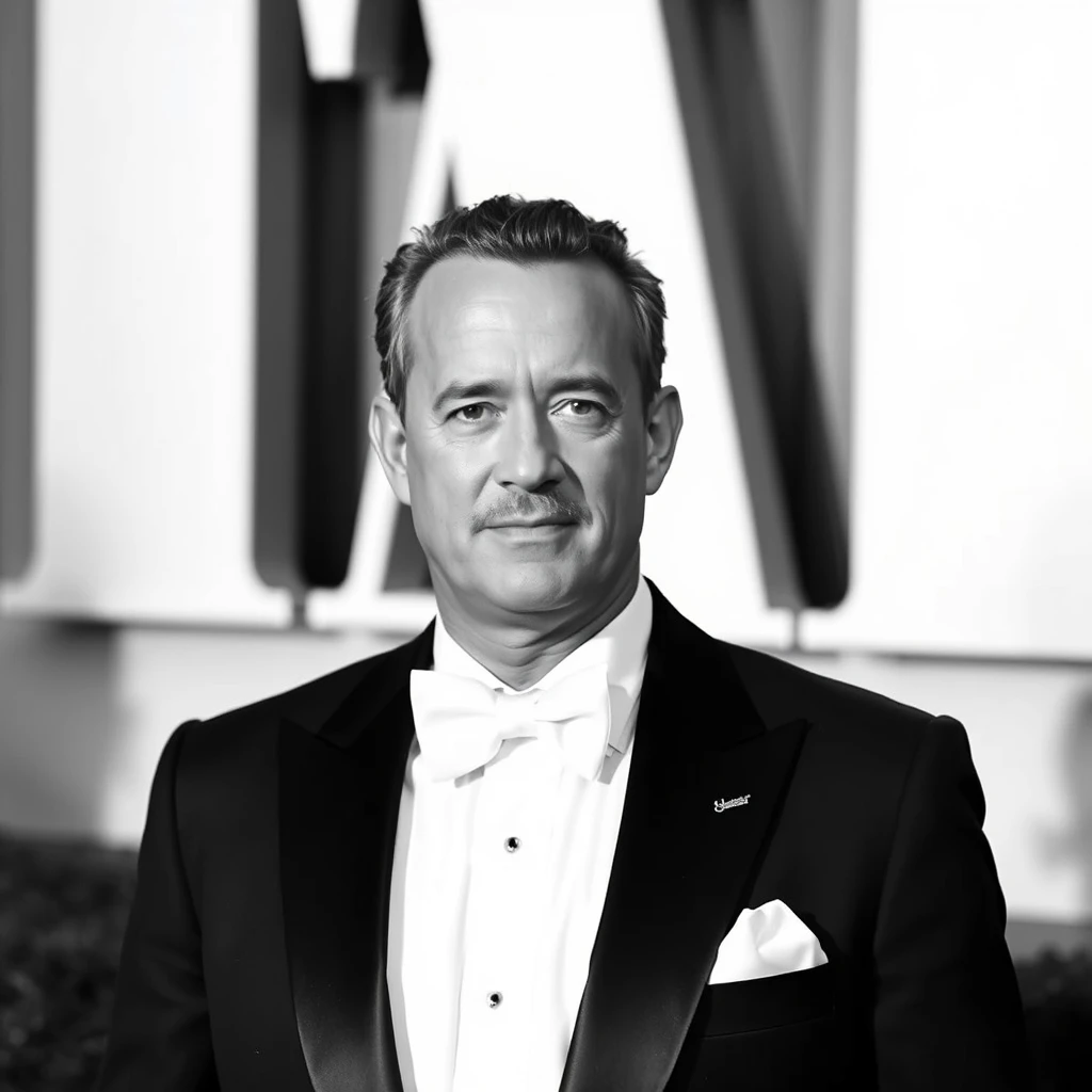 A publicity still of Tom Hanks in black and white, wearing a white tuxedo.