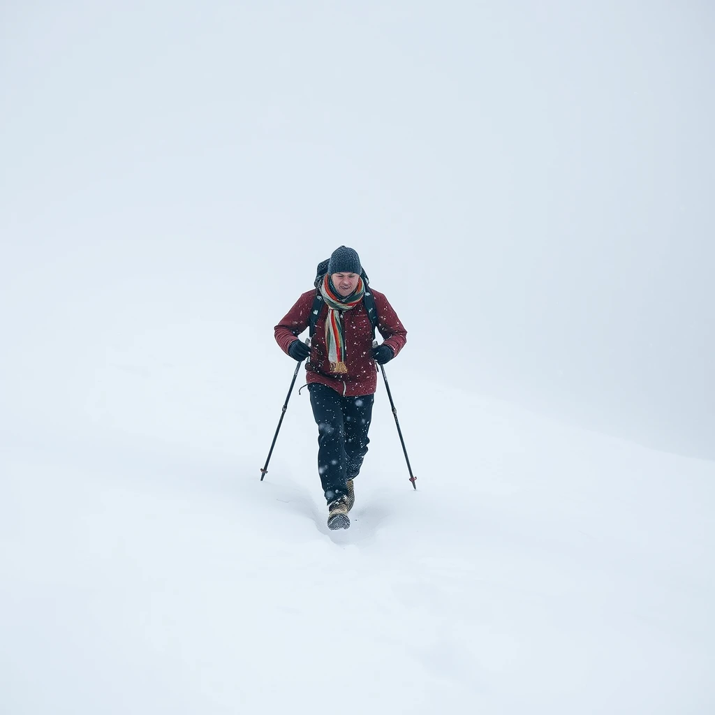 'A man moving forward in a blizzard on a snow mountain.'