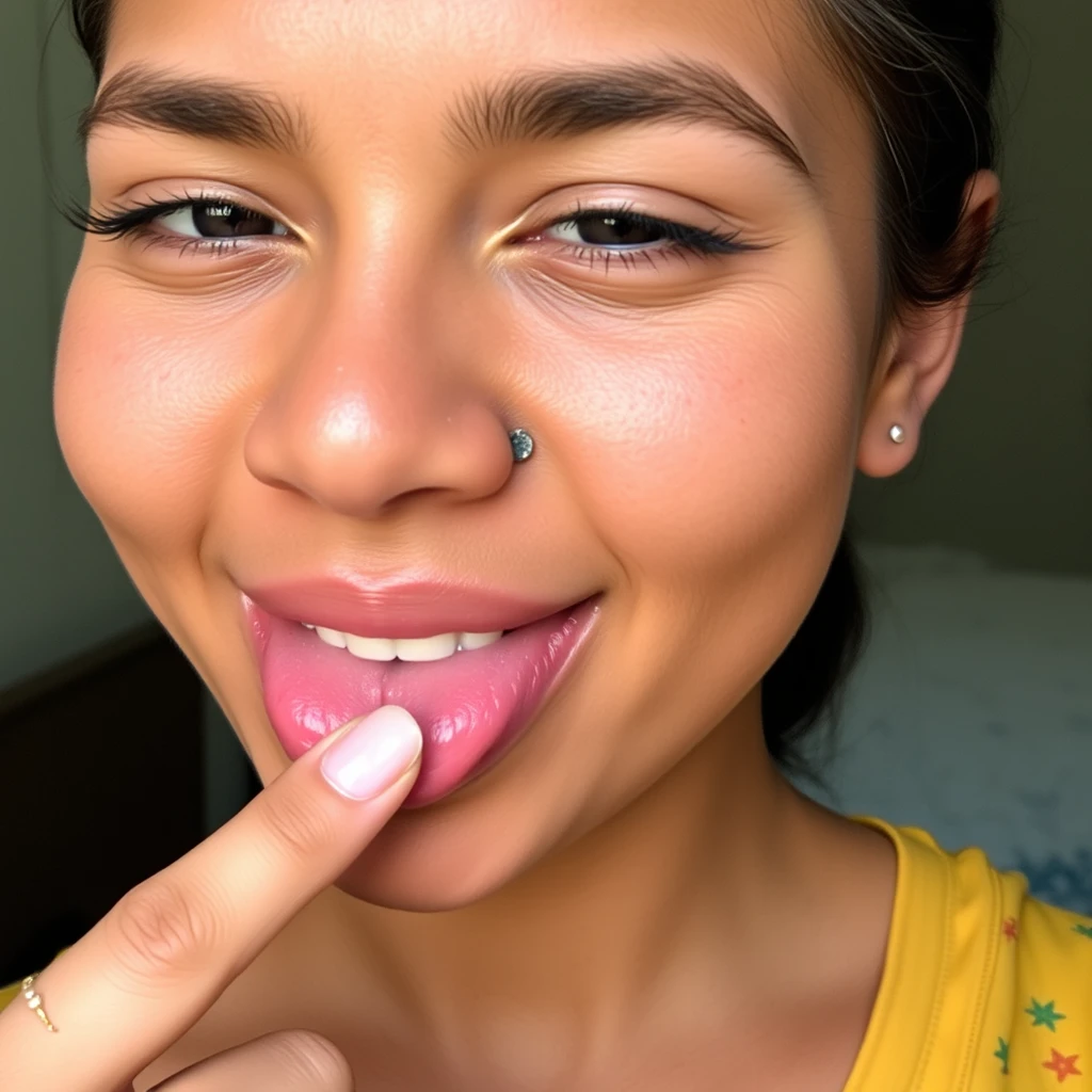 A beautiful 20-year-old sexy woman of Pakistani descent has a slightly oily, chubby face with hyperpigmentation. Her brown skin is subtly uneven. She has a few tiny moles on her face, which are like dots, slightly larger than a dot, almost the size of a pencil eraser, and circular in shape. They are located near her nostrils, lips, chin, and on her forehead, just above her eyebrow, with the forehead ones being a bit bigger. In this picture, she is pointing to one tiny, noticeable black dot near her lips and nostrils with her index finger while maintaining a neutral expression. She is not wearing any makeup, and her hair is tied back. She is smiling, sticking her tongue out and winking as she points. - Image