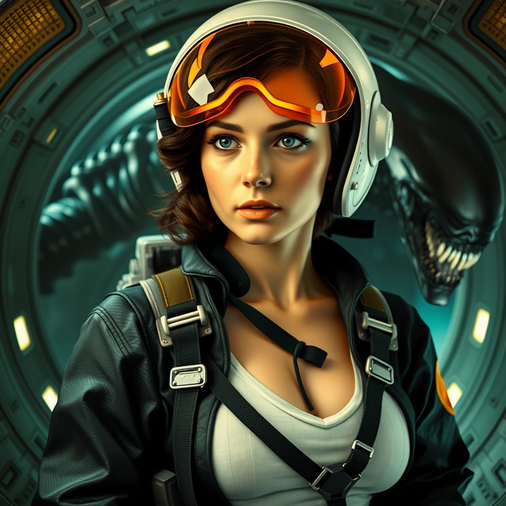 Early Renaissance portrait painting by Sandro Botticelli and Donatello. 27-years-old Ellen Ripley from the movie Alien, cropped short dark wavy hair, white tank top. Wearing 1950s vintage black spacesuit cadet uniform with steampunk accessories inside a futuristic spaceship. Gorgeous, giddy heroine, white space helmet with glowing orange translucent glass visor and goggles, deep v-neck, woman, journey to space, tense, whiplash curves. Dynamic pose, hyperdetailed, hyperrealistic. In the style of 1980s American sci-fi Space Agency movie poster. Volumetric lighting. Dark gothic and moody thriller horror Xenomorph Alien in the background.