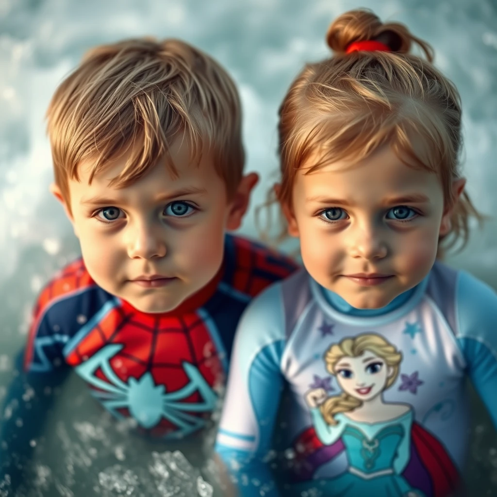 Four-year-old twins, a boy and a girl. Light brown hair and hazel eyes. Looking Finnish. The boy has a Spiderman UV swimming suit and the girl has Disney's Frozen UV swimming suit. They are swimming in extreme waves.