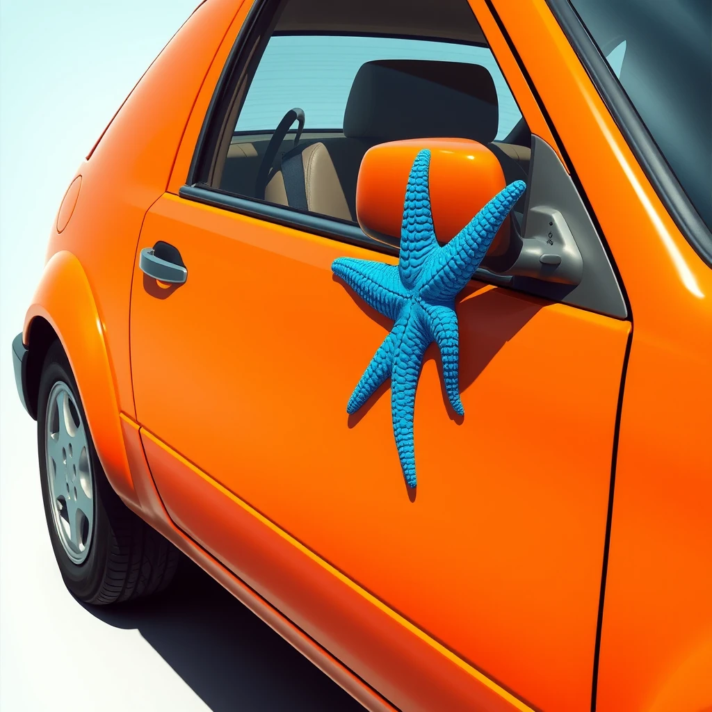 photorealist orange car with the image of a blue starfish on the driver-side door