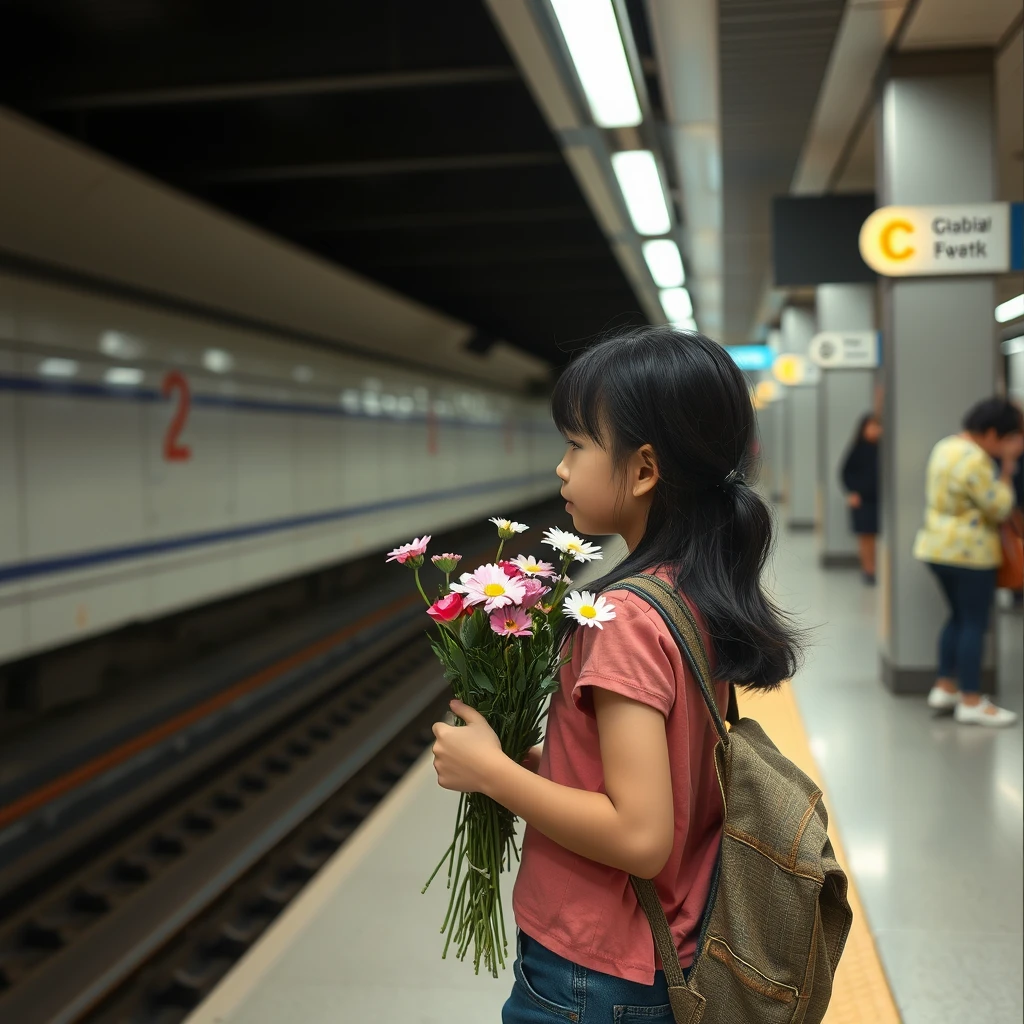 A girl holding flowers is waiting for the subway.