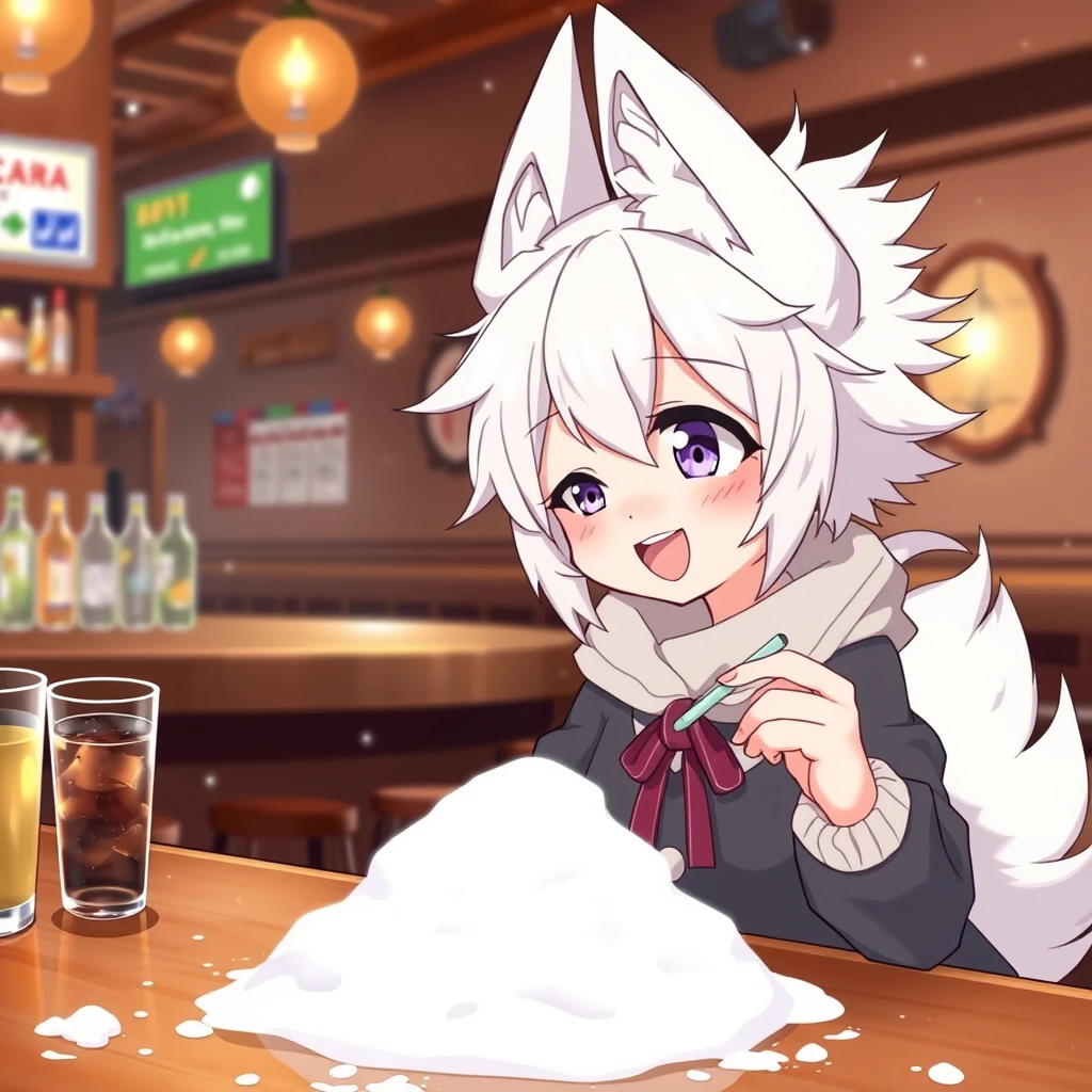 A cute anime girl with fluffy fennec ears and a fluffy tail, white messy short hair, and purple eyes is sitting at a table in a bar. On the table is a small mountain of snow. The girl looks at the snow with a big crazy smile and has a straw without a kink in her right hand.