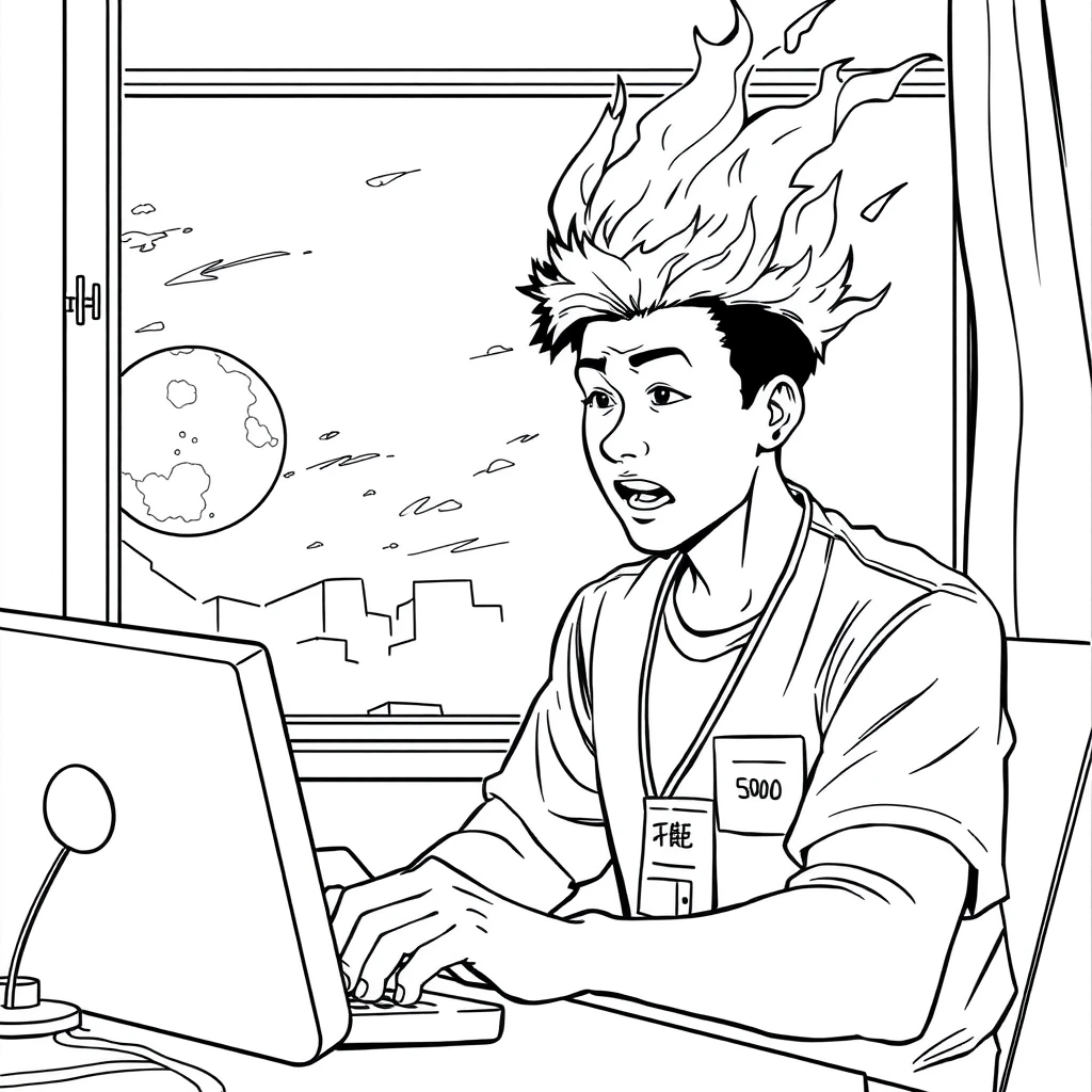 Line art comic, a young Asian man working like crazy, his head on fire, the moon outside the window. The man had an ID tag that said "500."