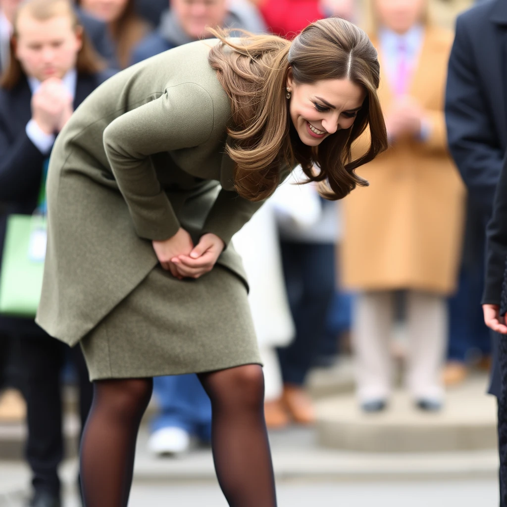 Kate Middleton wearing tights, showing legs, bending over.