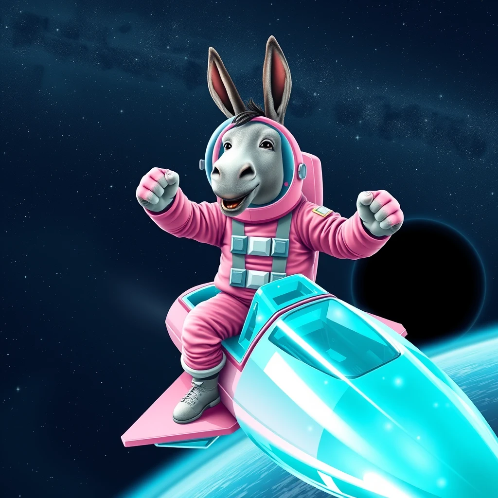 An ambitious donkey wearing pink astronaut costume, riding on a crystal stunning cyan spaceship, making a punching gesture, flying to the outerspace under a clear night sky with lots of shining stars, passing by a huge black-hole. Realistic style.