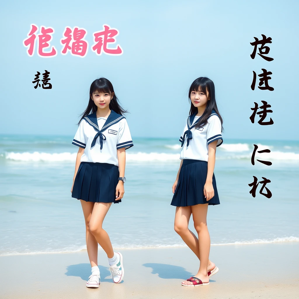 Two beautiful girls in school uniforms are on the beach, with Chinese characters and Japanese language. Note that you must be able to see the full body of the beauties, including their legs. Please note, they are both Chinese. - Image