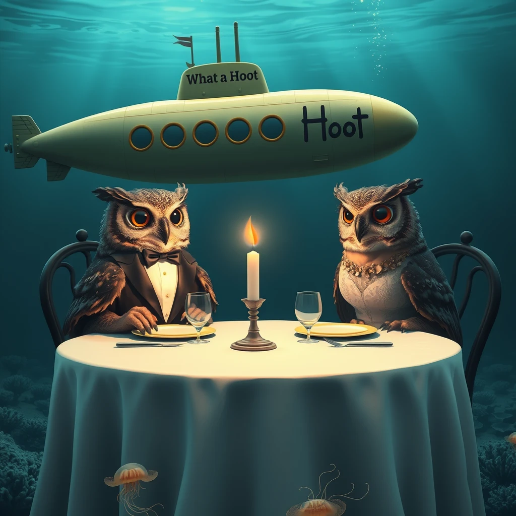 An underwater scene of two owls sitting at a fancy dining table with a lit candle in the center, the two owls are having a lovely dinner together. The left owl is wearing a tuxedo, the right owl is wearing a nice dress. In the background is a submarine passing by with the words “What a Hoot” painted on its side. There are little jellyfish swimming around at the bottom of the image below the table, cinematic beautiful digital artwork.