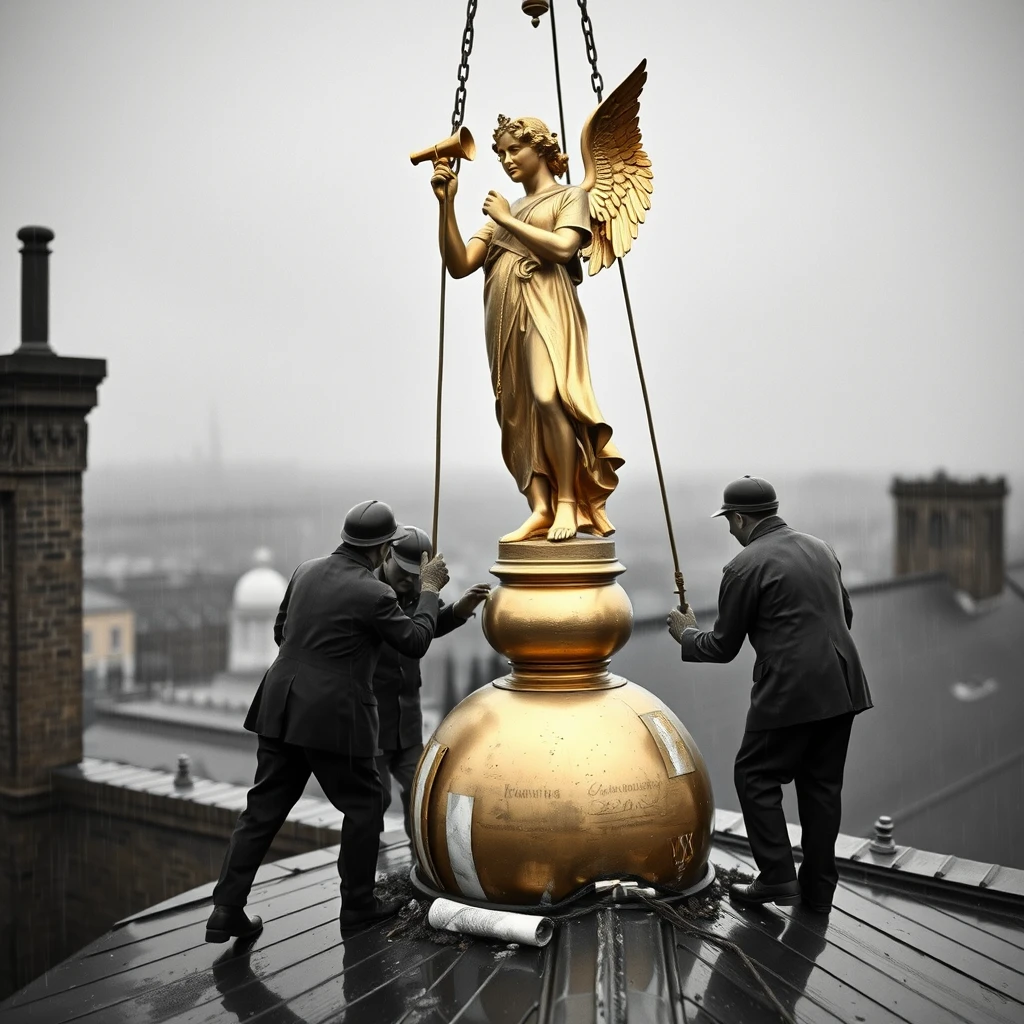 A highly detailed photograph depicting some men removing an 8-foot tall gilt statue of 'Victory' holding an angel horn, standing on a small ball, from the roof of The 'Theatre Royal' in Chatham, 1940. It's raining and a dark and dismal day.