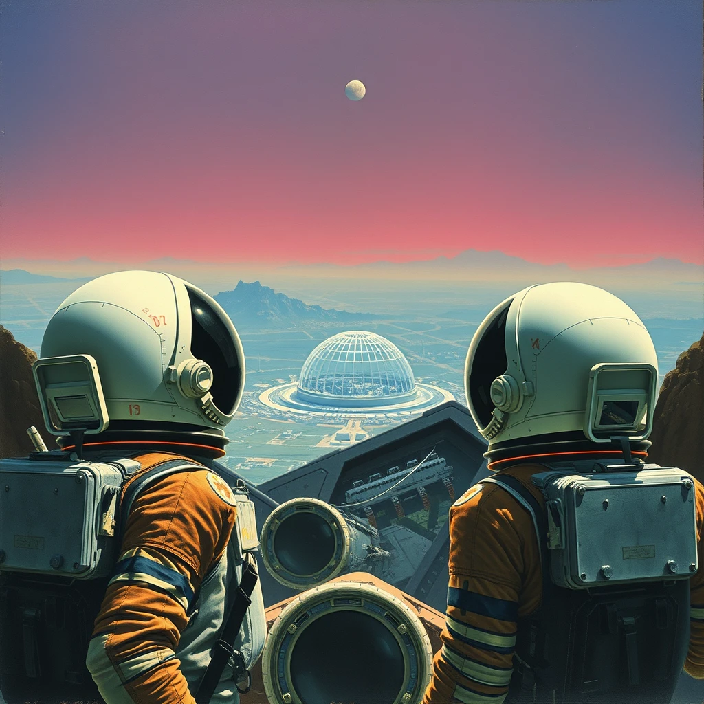 Two astronauts are looking at a glass-domed city in the distance, a painting by Chesley Bonestell. - Image