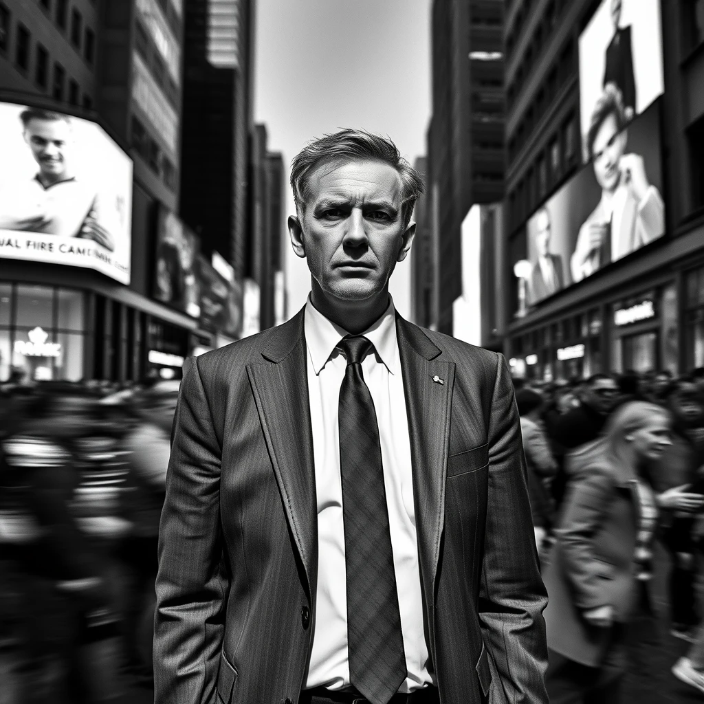 A high-contrast photograph of a figure in a stiff, formal suit, standing in a bustling city square, symbolizing tension. Monochrome palette, sharp focus on the figure against a motion-blurred crowd. Created Using: black and white photography, urban stress theme, stark lighting, clear subject focus, blurred motion background, intense expressions, dramatic atmosphere, hd quality, natural look.