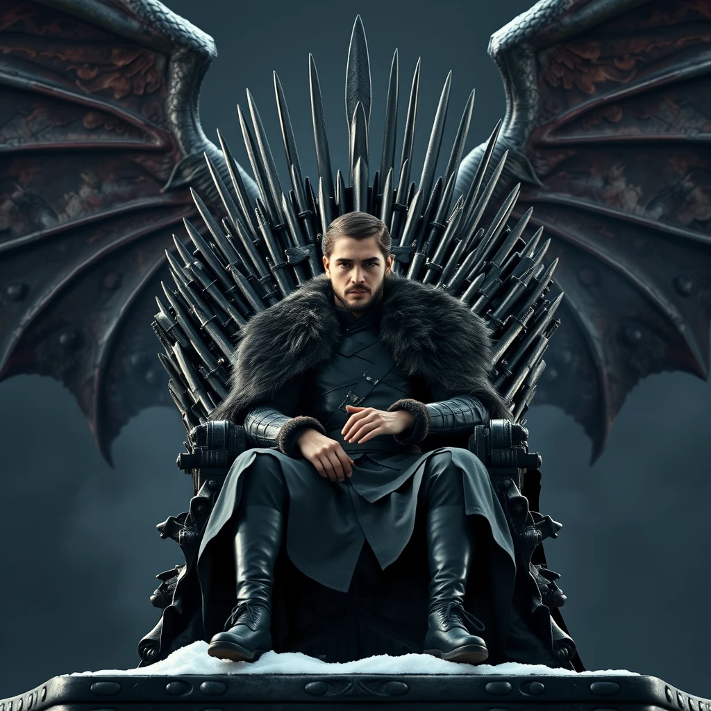 Create a real photo with Jon Snow sitting on the Iron Throne with a dragon behind him.