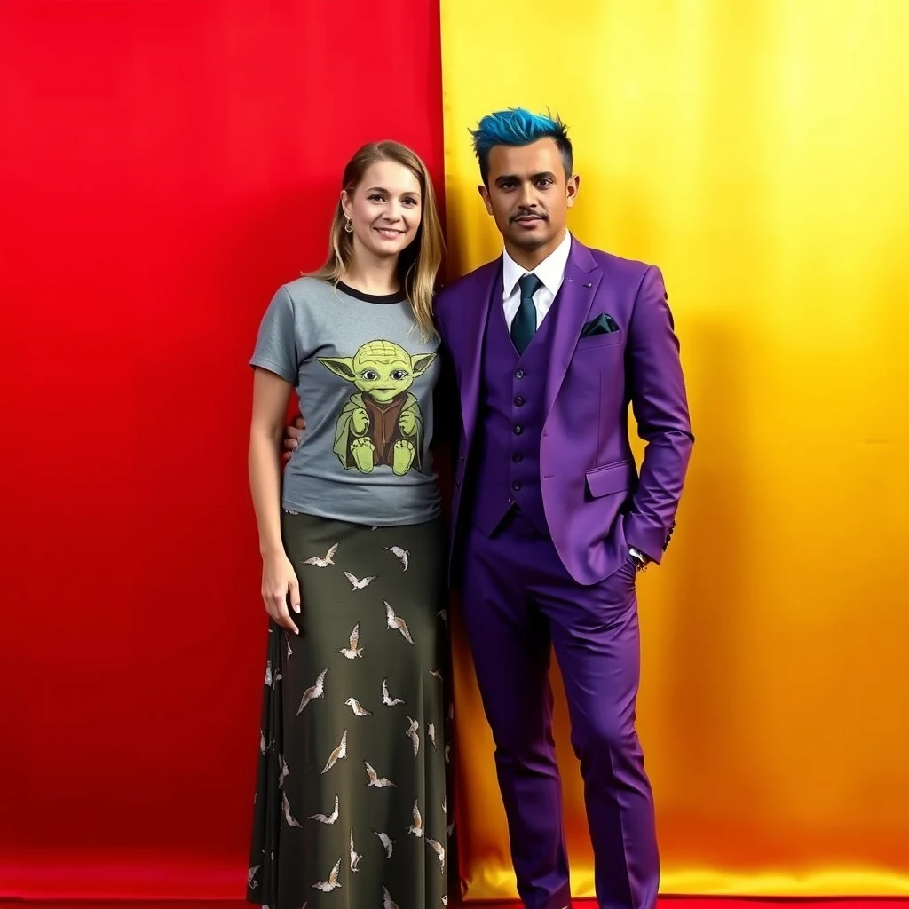 A man and woman are standing together against a backdrop. The backdrop is divided equally in half down the middle: the left side is red, and the right side is gold. The woman is wearing a t-shirt with a Yoda motif and a long skirt with birds on it. The man is wearing a three-piece purple suit and has spiky blue hair.