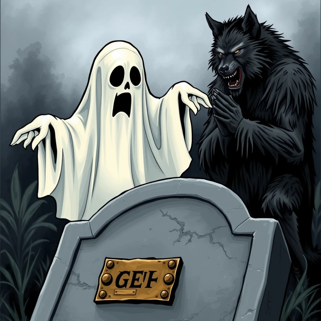 'A ghost on its gravestone with a brass plaque, in front a hunched werewolf folding its hands.'