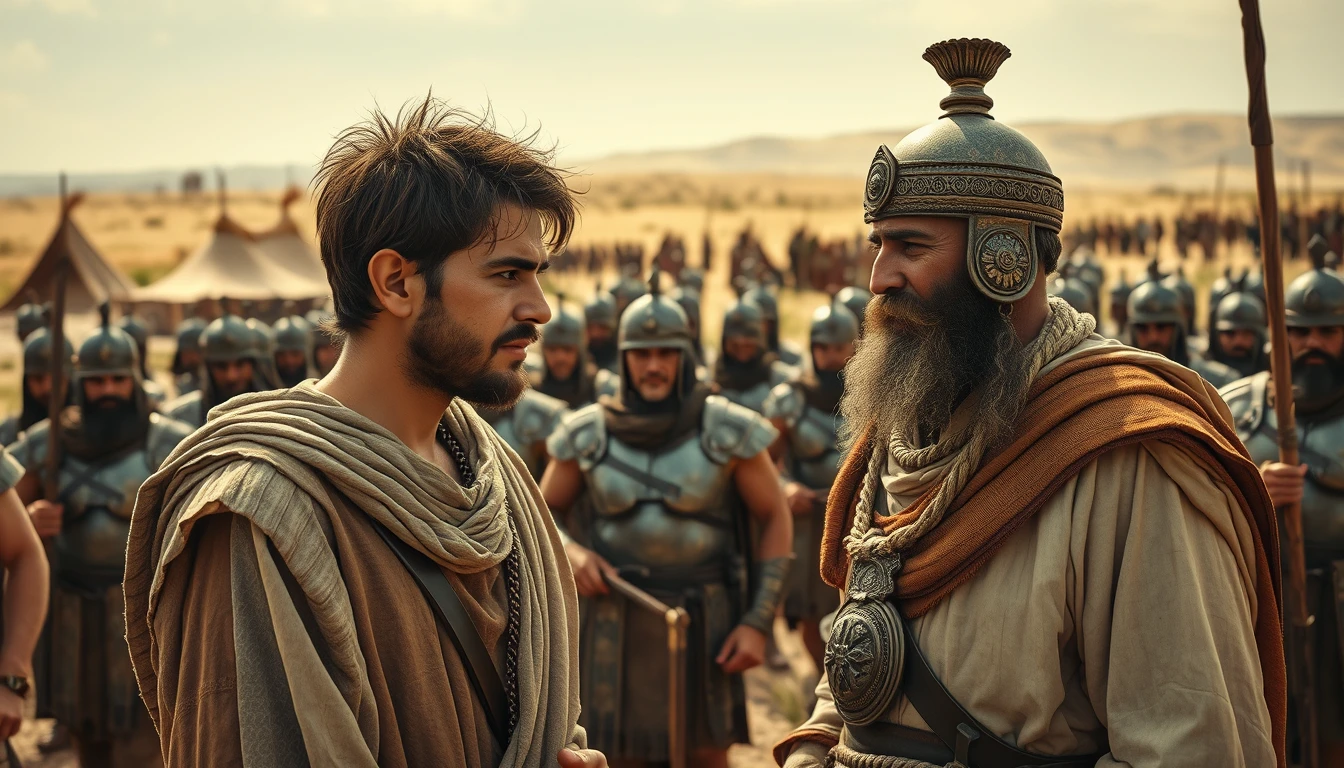 A young man with messy hair and a short beard is arguing with a middle-aged Sumerian king. The young man is dressed in biblical-era shepherd's attire. Both men are surrounded by a diverse group of men in ancient Bronze Age soldier armor. In the background are Arabic tents pitched on desert shrub land. In the distant horizon stands another army armed and ready to fight. Dramatic lighting.