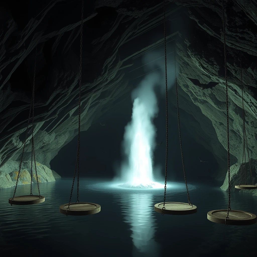 a cavern, dimly lit. there is water filling the bottom of the cavern and a geyser is erupting. hanging from the ceiling are a series of chains with round wooden platforms at the end of the chain that are suspended above the water. bats are flying around. - Image