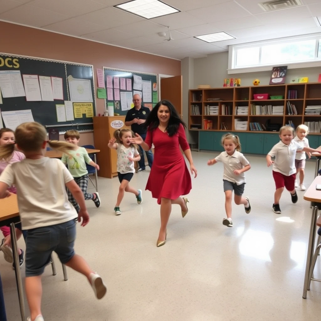 In the classroom, during the recess, there are children chasing and playing around, and there is a beautiful teacher. - Image