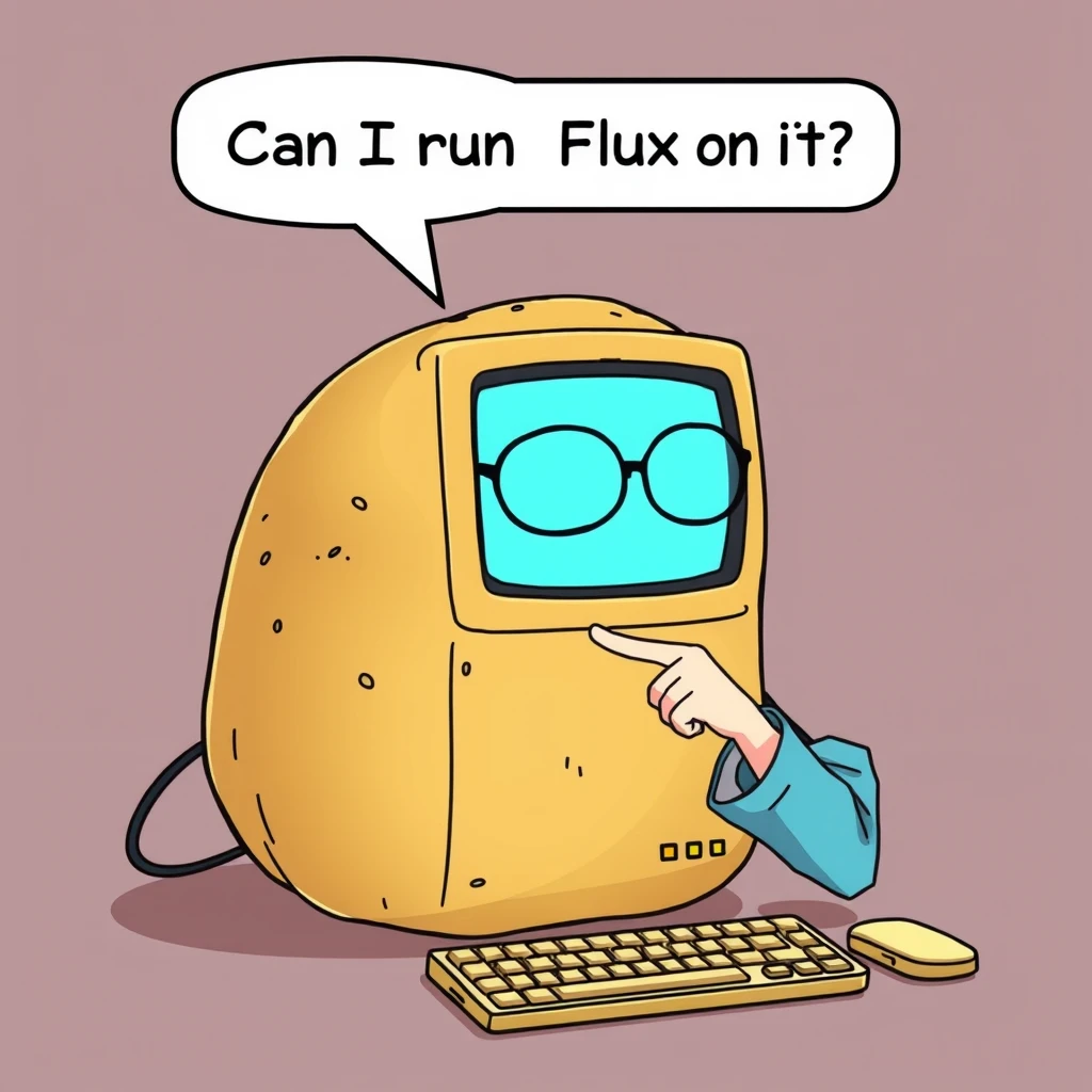 "Potato PC, a computer made of potato, anime girl in glasses pointing to it and asking 'Can I run Flux on it?' in a speech bubble."