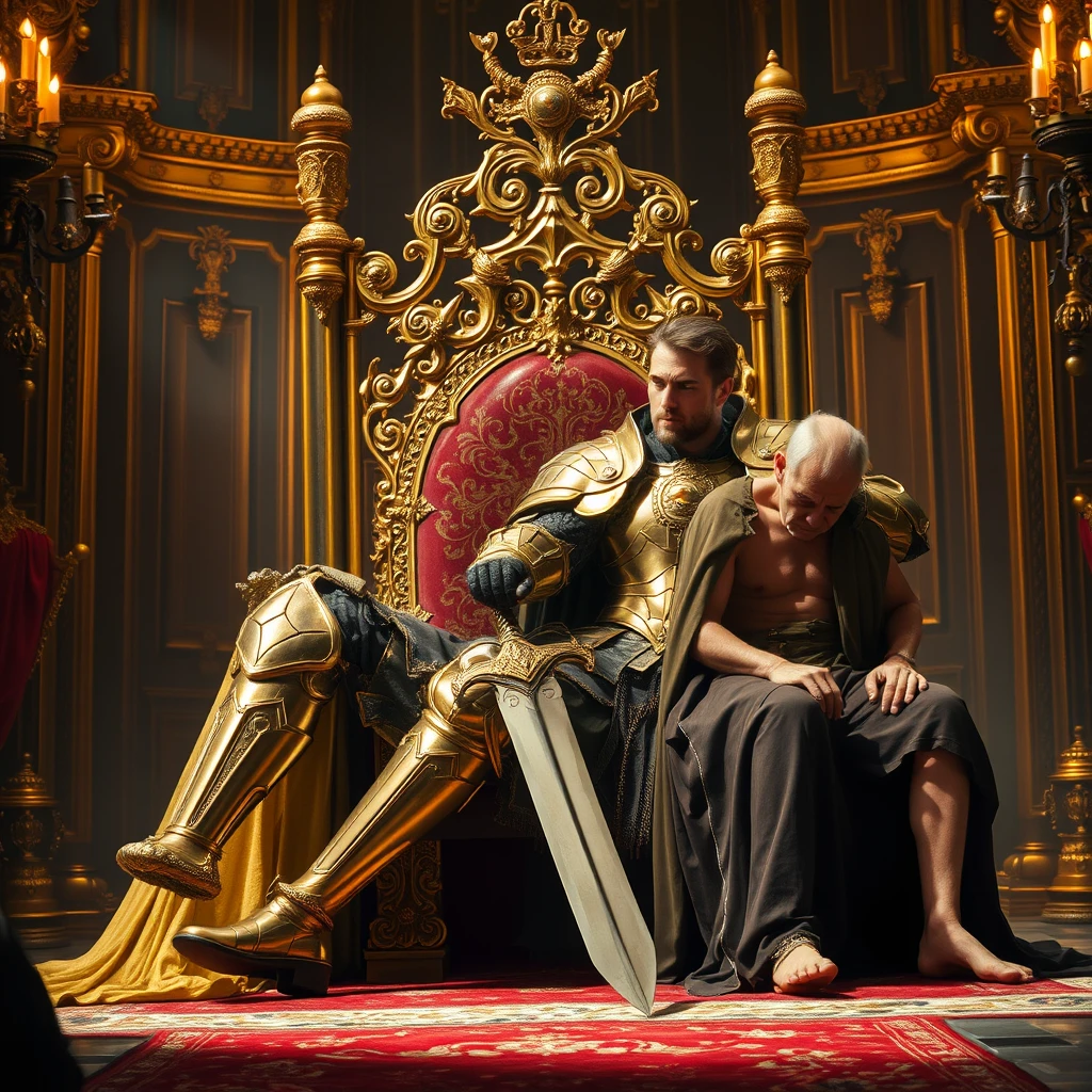 [Scene] A dramatically lit throne room, rich in medieval detail. Gleaming gold reflects off polished armor and a majestic throne.  
[Characters] A powerful, handsome usurper in ornate plate armor, radiating strength and ruthlessness. The deposed king, frail and defeated in tattered finery.  
[Pose of Characters] The usurper sits sprawled upon the throne, one leg casually draped over the armrest, his hand resting upon a large, ornate sword. His posture is arrogant and commanding, his gaze fixed on some distant point, radiating dominance and disdain.