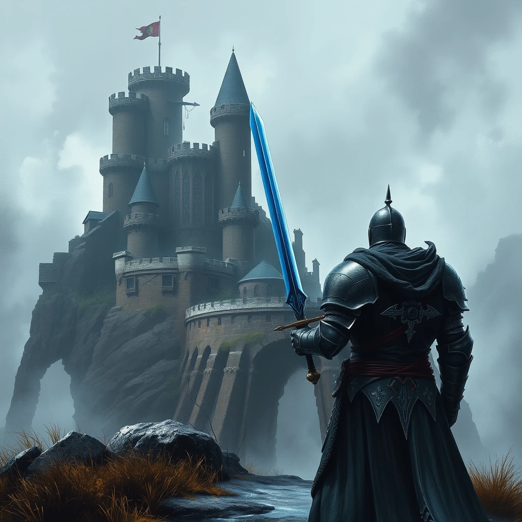 Dark fantasy style, a fierce knight holding a sapphire sword approaches a battered castle on a cliff.