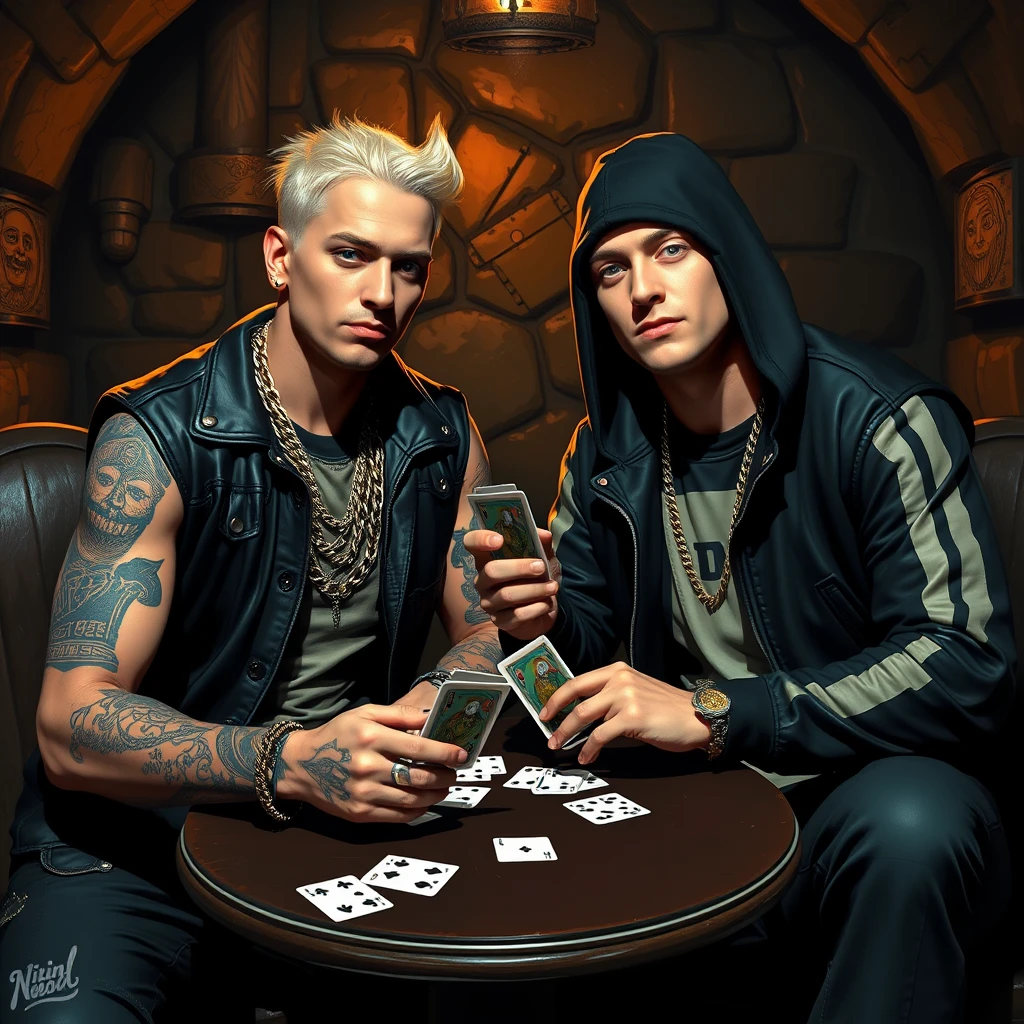 Slim Shady and Eminem are playing a game of cards. The setting takes place in a dungeon. They are dressed in their iconic attire. They are vibing with each other and the camaraderie is strong and positive. - Image