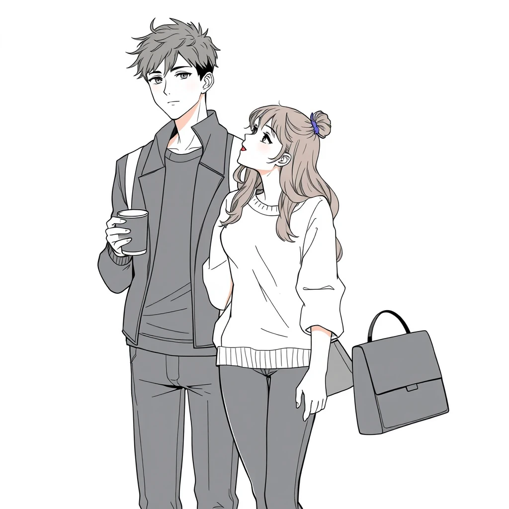 Anime lineart, a young woman in fashion standing with a tall handsome boy, she is leaning on the boy, looking at him with love, simple background, cup, handbag, hand in hand. - Image