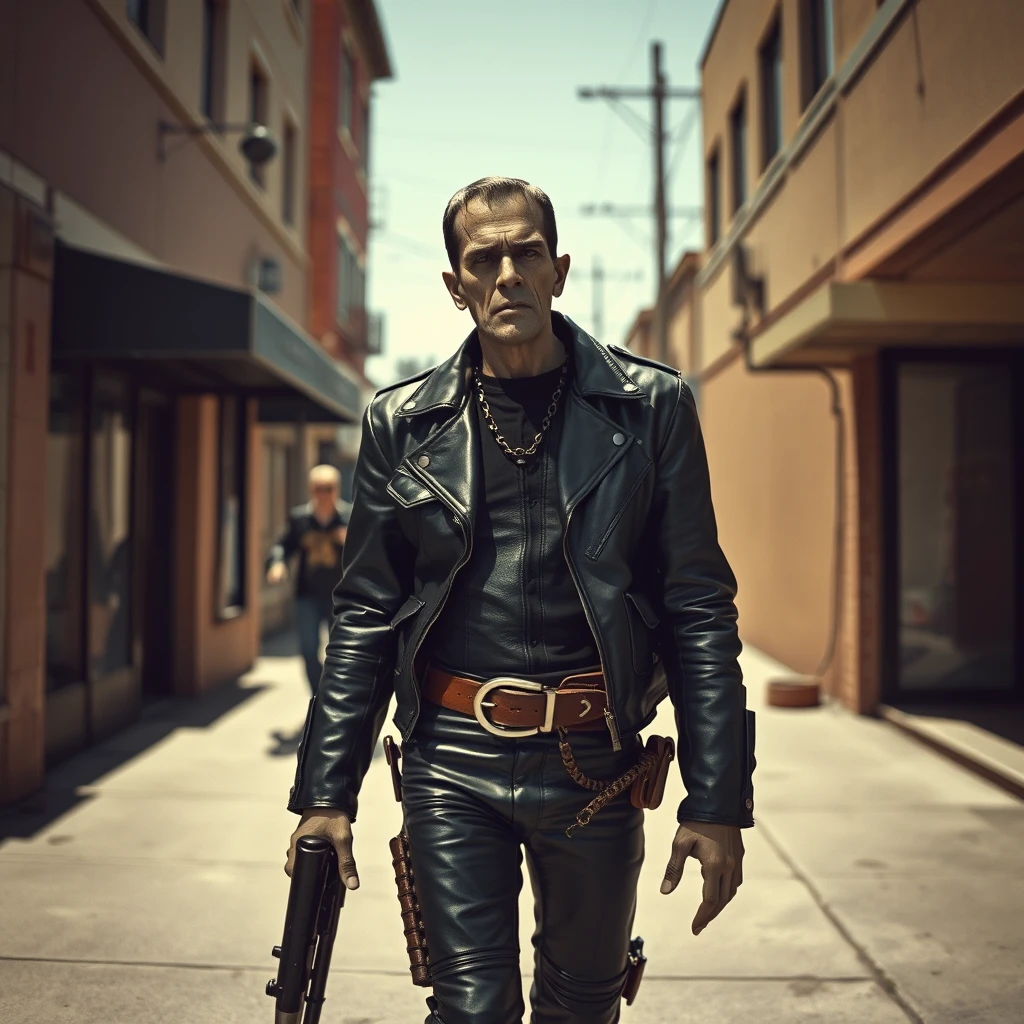 Boris Karloff as Frankenstein the Hells Angels biker walks down the sidewalk, dressed in leather, wearing a cowboy pistol rig, the noonday sun is bright, photo-realistic, leering, aggressive, 4k.