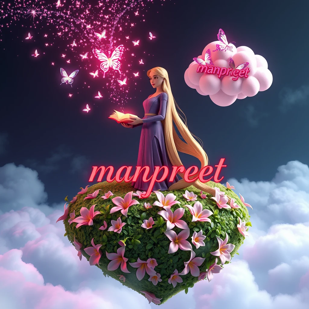 In this captivating 3D illustration, Rapunzel stands gracefully atop a heart-shaped hill covered in lush greenery and adorned with exquisite lilies. She holds a mystical book that emits iridescent butterflies, which leave a shimmering trail of stardust as they soar towards the enchanting night sky. The character's name "manpreet" is elegantly inscribed in metallic red font on a fluffy pink cloud, adorned with a myriad of shimmering butterflies. The serene background contrasts with the vibrant colors in the foreground, creating a dreamlike atmosphere. The masterful combination of photography, painting, and 3D render techniques produces a truly captivating visual experience, with a touch of neon to enhance the magical ambiance. - Image