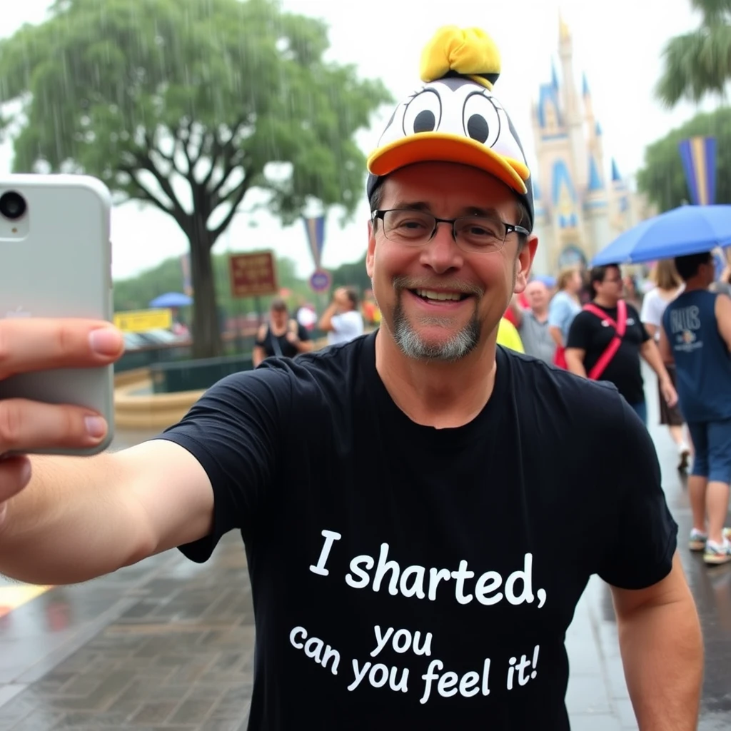 A father taking a selfie in Disney World on a rainy day wearing a shirt that says "I sharted, can you feel it" and wearing a Donald Duck hat. - Image