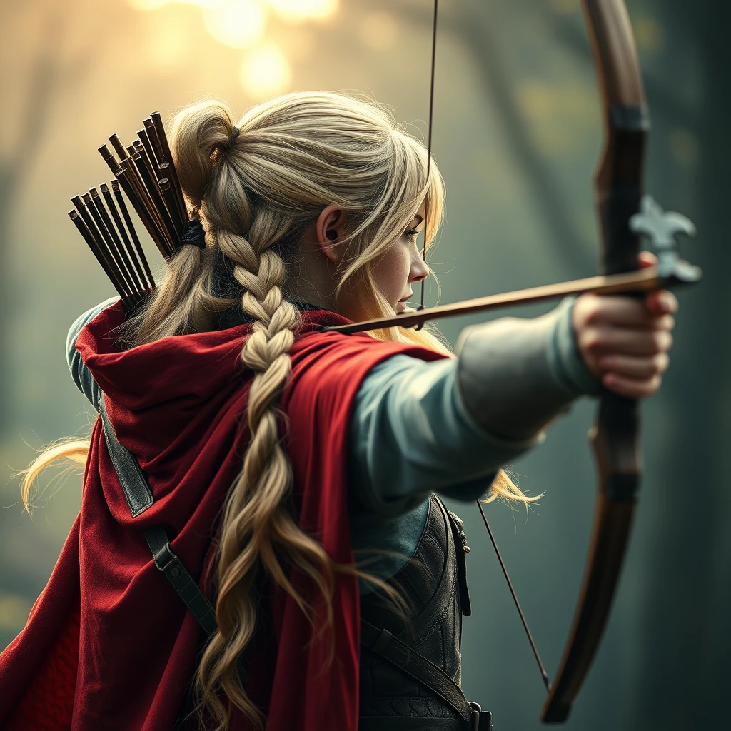 Photo realistic from behind: Blonde fantasy heroine with a red cloak aims with a longbow into the distance.