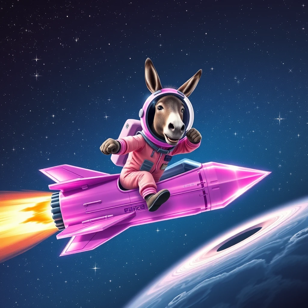 An ambitious donkey wearing pink astronaut costume, riding on a crystal light purple stunning spaceship, making a punching gesture, flying to the outerspace under a clear night sky with lots of shining stars, passing by a huge black-hole. Realistic style.