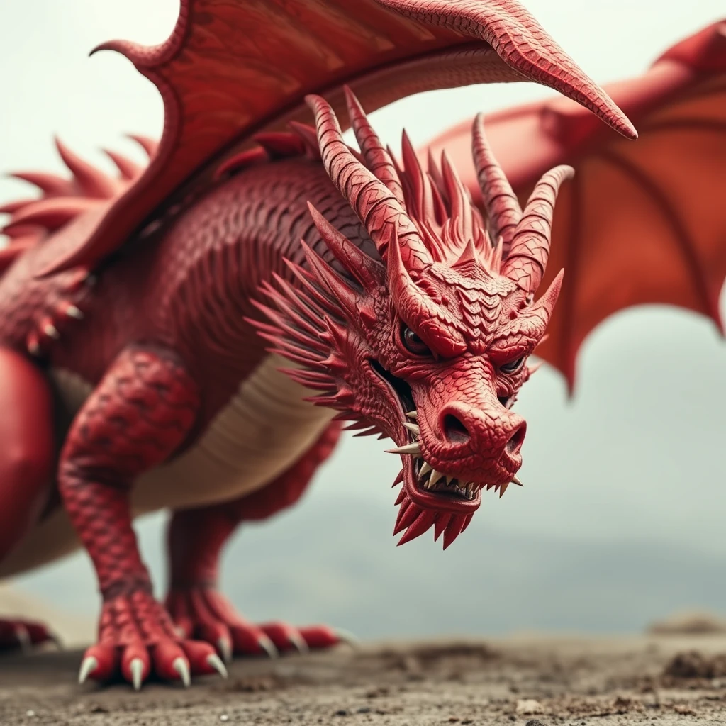 Extra wide shot of a red dragon with a man's head instead of a dragon's head. - Image